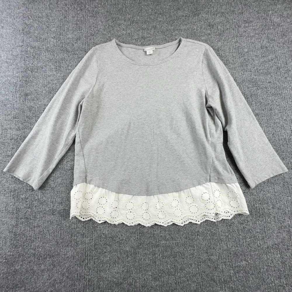 J. By J.CREW Shirt Womens Medium Gray Scoop Neck 3/4 Sleeve Lace Hem Jersey Top
